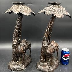 Pair Bronze Camel & Palm Tree Candle Holders