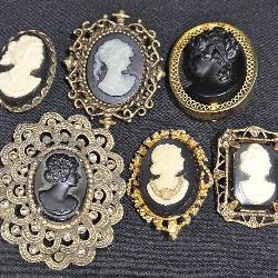 6 Vntg Cameo Pins Brooches- Rhinestones Celluloid+