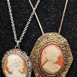 2 Vintage Cameo Pin Necklaces - Peri +