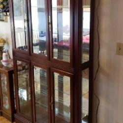 Wood lighted curio display cabinet, back mirror,