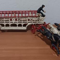 Vintage Cast Iron Ladder Fire Wagon & Horses