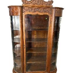 LARGE HEAVY CARVED OAK BOW GLASS CHINA CLOSET