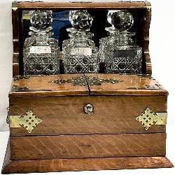 Antique English Oak Tantalus Crystal Decanter Set