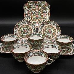 Antique Chinese Rose Canton Plate, Cups & Saucers