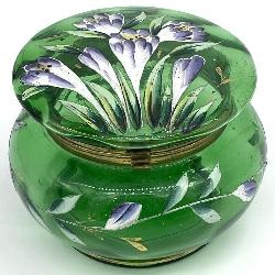 Antique Hand Painted Green Glass Vanity Jar