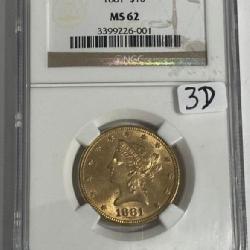 1881 Gold NGC MS62 $10