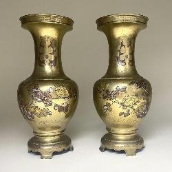 19th C. Meiji Japanese Bronze Mixed Metal Vases