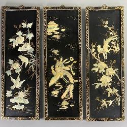 Chinese Lacquer Mother of Pearl Panel Tryptich