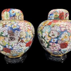 PR OF LARGE CLOISONNE COVERED URNS ON STANDS