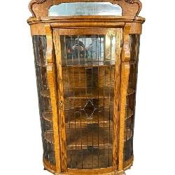 RARE OAK BOWED LEADED GLASS CHINA CLOSET