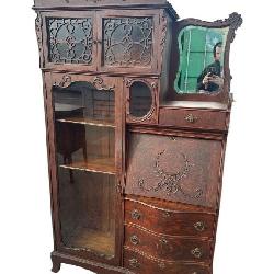 HEAVY CARVED TIGER OAK SIDE BY SIDE DESK BOOKCASE