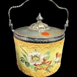 ANTIQUE HAND PAINTED GERMAN BISCUIT BARREL