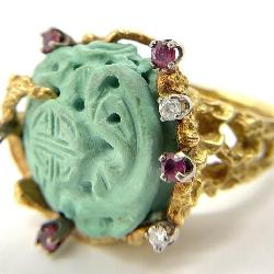 18K Gold, Chinese Turquoise, Diamond, Ruby Ring