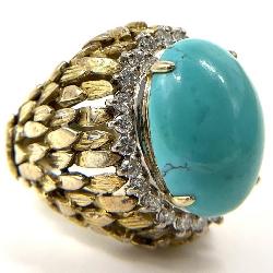 14K Gold Turquoise & Diamond Ring, Sz 7