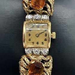 14K Diamond Citrine Art Deco Watch, Signed