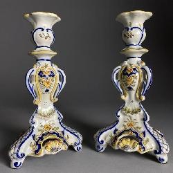 A Pair of French Desvres  Faience Candlesticks