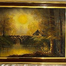 Golden Sunset Cabin Oil Painting