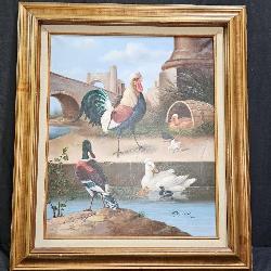 Framed Oil on Canvas Rooster & Ducks by Allen Juno