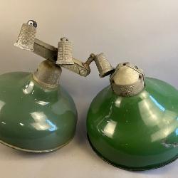 Pair Stonco 1940s-50s Green Porcelain Gas Service Station Lamp Light Pole Shades