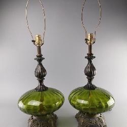 Vintage Hollywood Regency Style Green Glass Lamps