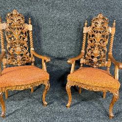 2 HEAVY CARVED WALNUT JACOBIAN STYLE ARM CHAIRS