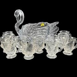 RARE 13 PC SWAN CRYSTAL PUNCH BOWL AND CUPS