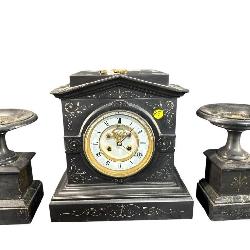 3 PC ANTIQUE OPEN ESCAPEMENT MARBLE CLOCK