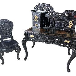 HEAVY CARVED PAINT DECORATED DRAGON DESK AND CHAIR