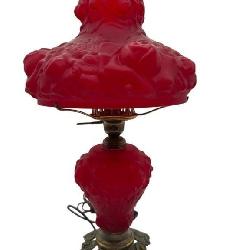 RARE FENTON RUBY SATIN PUFFY ROSE TABLE LAMP