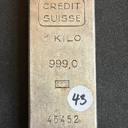 Lot# 43 Vintage Credit Suisse 1 Kilo .999 Silver Bar #45452