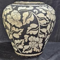 Extra Large Black & White Floral Pottery Vase