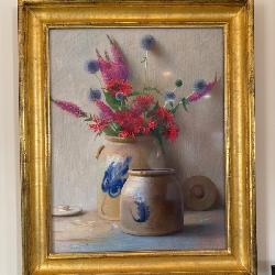 #1 • “Bee Balm and Thistle” by Sid Willis, 1985, Framed Pastel