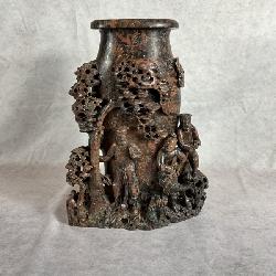 #228 • 12-Inch Carved Soapstone Vase With Figures and Trees