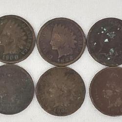 Six Indian Head pennies 1900 -1903 -1888-