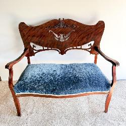 Antique Edwardian Mahogany Settees Blue Crushed >