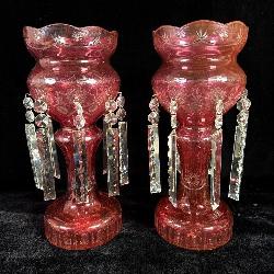 Pair of Victorian cranberry mantle luster's 15