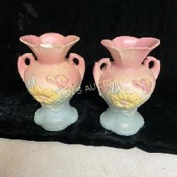 2 Hull Pink and Blue Vases with Floral Motif