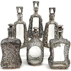 6pc Signed Sterling Silver Overlay Floral Glass