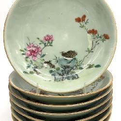 7pc Qianlong Mark Chinese Enamel Celadon Porcelain