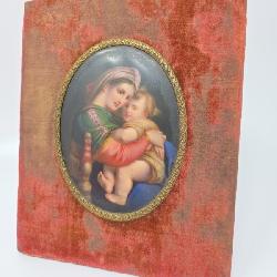 Antique Painted Porcelain of Raphael's Madonna and Child in velvet frame
