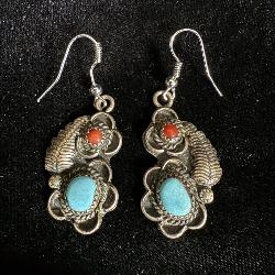 Vintage Sterling Silver Turquoise & Coral Feather>