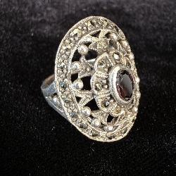 Sterling Silver Red Garnet & Marcasite Cluster >