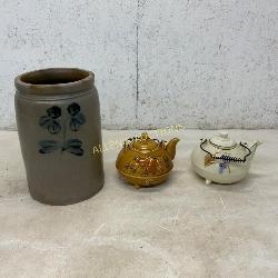 Stoneware Crock and Ceramic Teapots