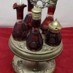 Antique Ruby Red Glass 5 Piece Cruet Set on