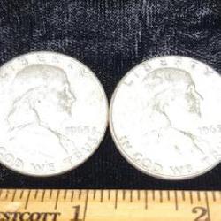 2 1963 Silver Half Dollars. Brn Franklin 90%