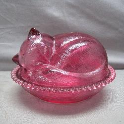 Vintage Pink Glass Resting Cat Candy Dish