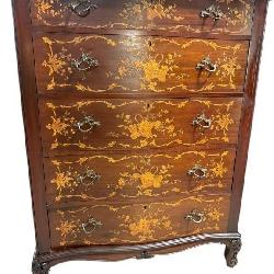 MAHOGANY MARQUETRY INLAID 5 DRAWER CHEST