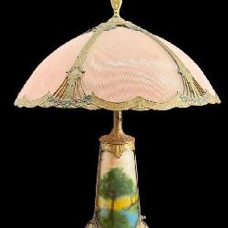 ANTIQUE REVERSE PAINTED SLAG GLASS LAMP