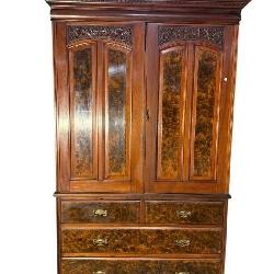 19TH CENT. WALNUT BURLED FRONT LINEN PRESS