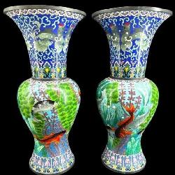2 LARGE CLOISONNï¿½ KOI FISH DECORATED VASES